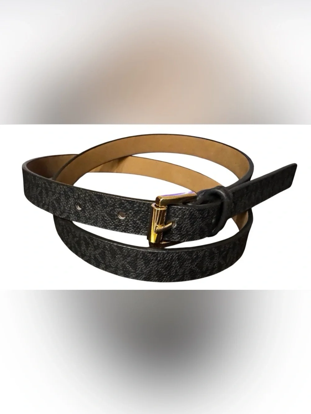 Michael Kors size XL Brown logo Belt shiny gold buckle classic 1 inch wide
